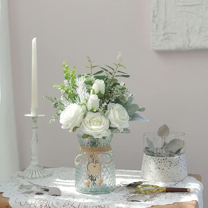 Faux Flowers with Vase, Artificial Silk Roses in Vase, Fake Plant Eucalyptus - Image 4
