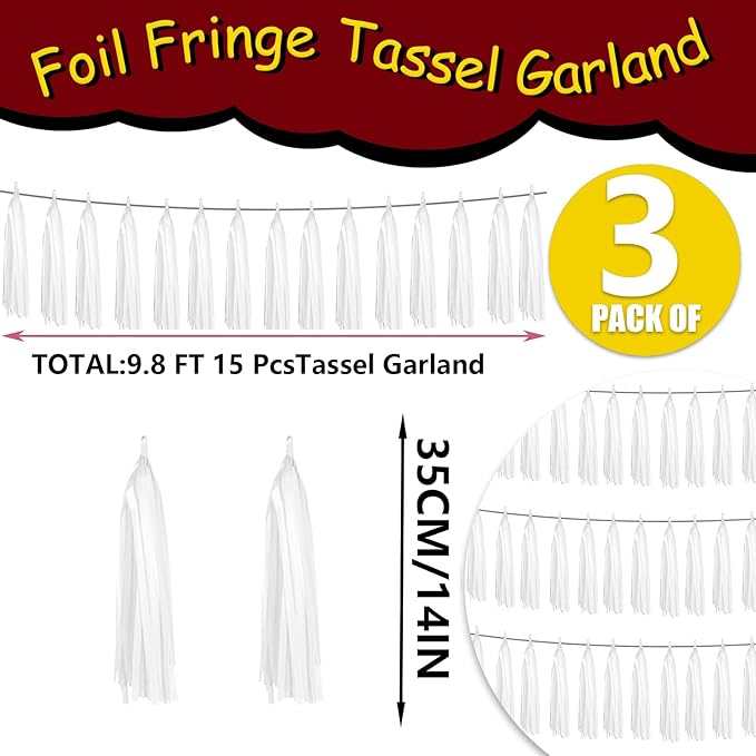3P White Foil Fringe Metallic Tassel Streamers Banner Tassel Garland - Image 2