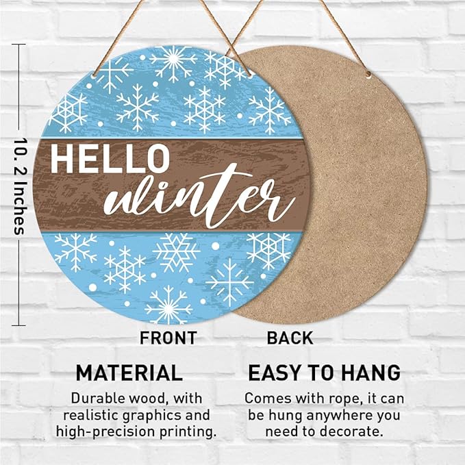 Muktoujaumai Hello Winter Sign Front Door Decor, Christmas Round Hanging Sign - Image 2