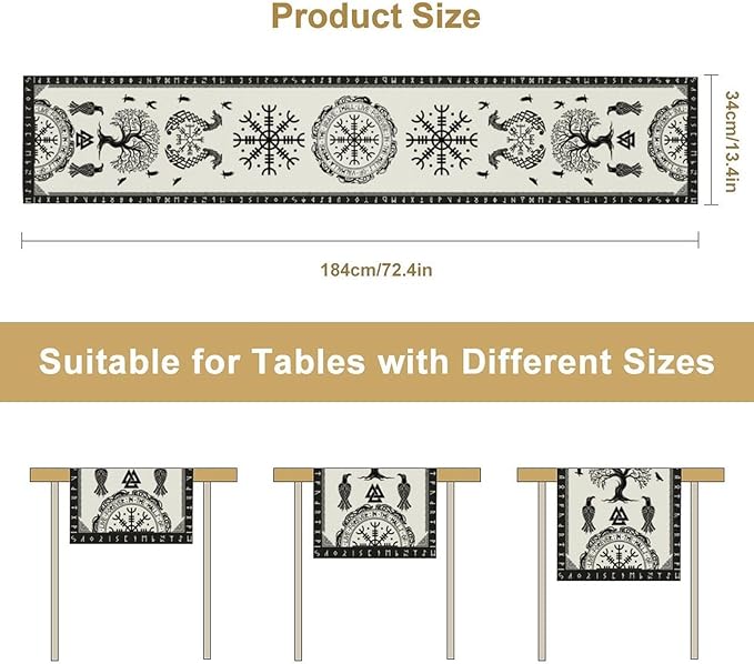 Ancient Abstract Pattern Table Runner, Tree of Life Eagle Dragon Boat Rudder - Image 3