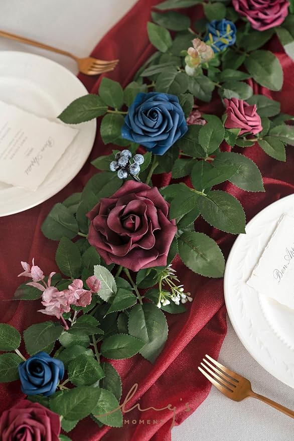 Ling's moment 5FT Burgundy Artificial Flower Garland Navy Blue Floral Arch - Image 2