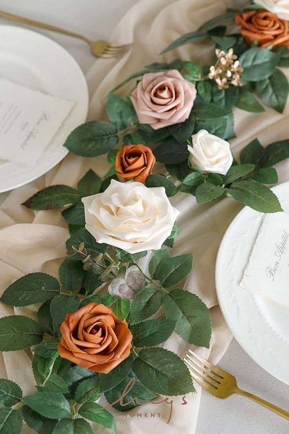 Ling's moment 5FT Artificial Flower Garland Rust Rose Leaves Floral Garland - Image 3