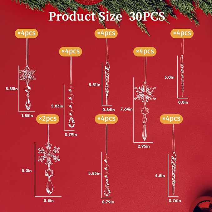 30pcs Christmas Ornaments Set for Tree- Hanging Acrylic Crystal Snowflake - Image 7