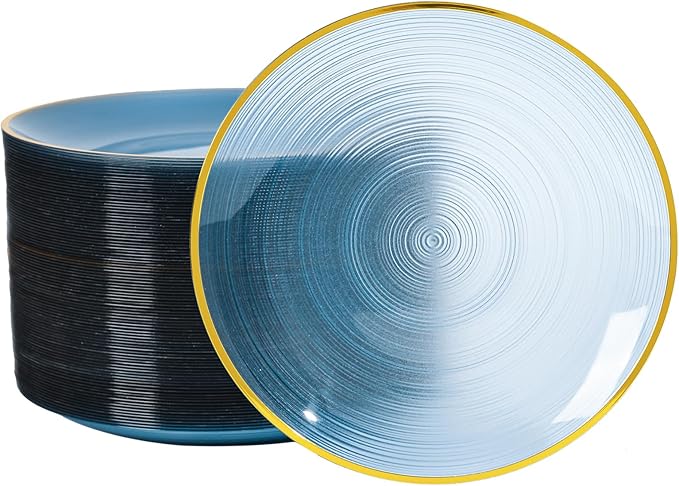 100PCS Transparent Blue Gold Plastic Plates, 7 Inch Heavy Duty Disposable by LCCFHTI