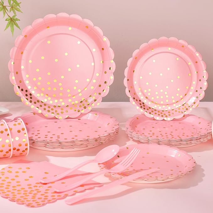 175 Pink Rose Gold Plates Napkins Party Decorations, Plastic Forks Knives - Image 4
