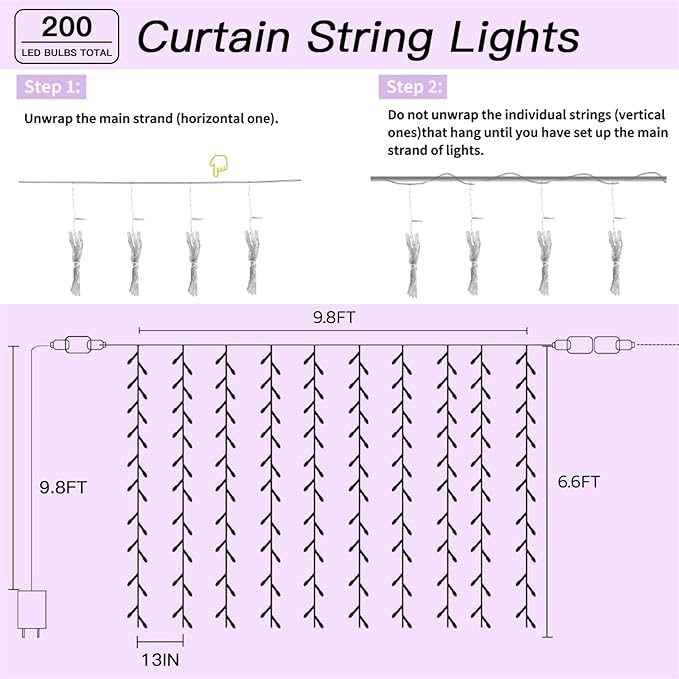 200 LED Rainbow Curtain String Lights 9.8 * 6.6FT Plug in Fairy - Image 6