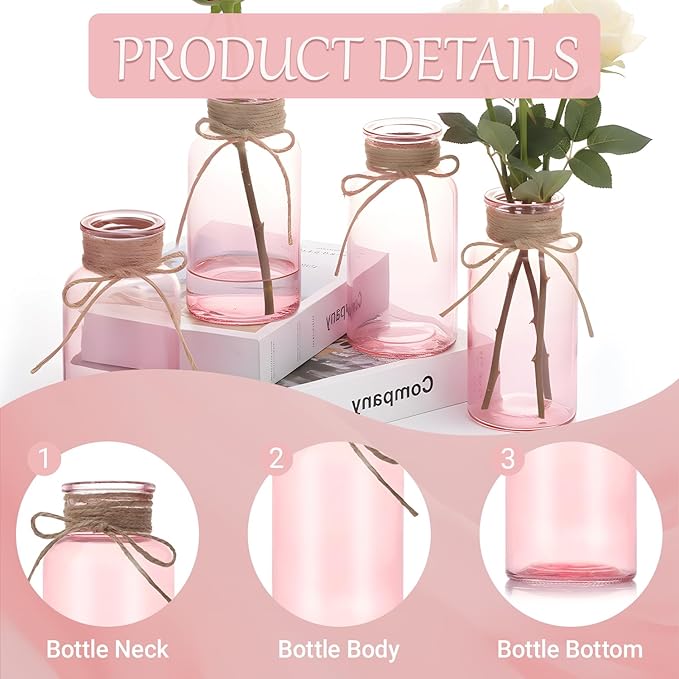 Pink Glass Flower Vases for Centerpieces Set of 6, Mason Jars Boho Cylinder Bud - Image 6