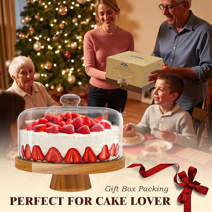 Acacia Wood Cake Stand with Lid, 2-in-1 Dessert Table Display Set & Charcuterie - Image 6