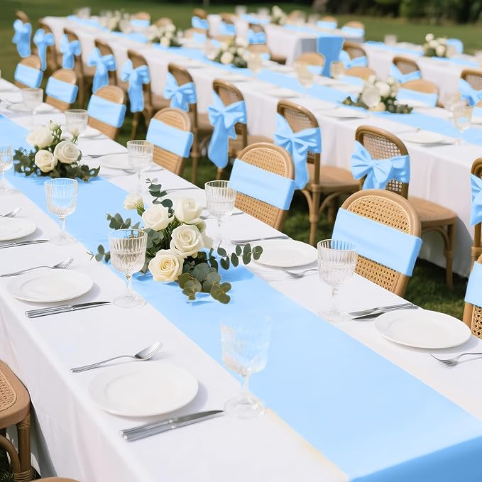 SHEJIZE 10 Pack Light Blue Satin Table Runner 12x108 Inches Long, Bright Silky - Image 5