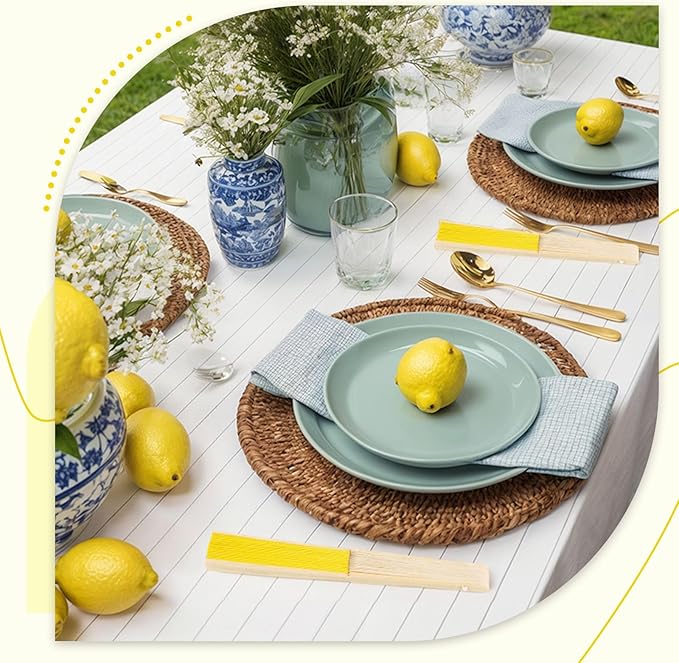 JOHOUSE 12 Pcs Paper Folding Hand Fans, 8.3 Inch Lemon Yellow Paper Fans - Image 3