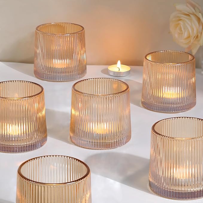 DARJEN Gold Ribbed Tealight Votive Candle Holders- 6Pack Glass Candle Holders by DARJEN
