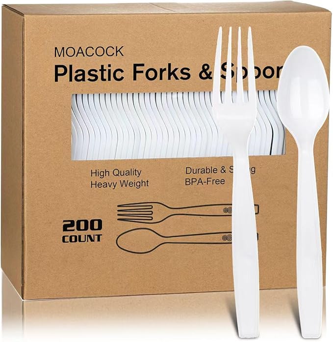 200 Count White Plastic Silverware, Heavy Weight Plastic Forks Spoons by MOACOCK