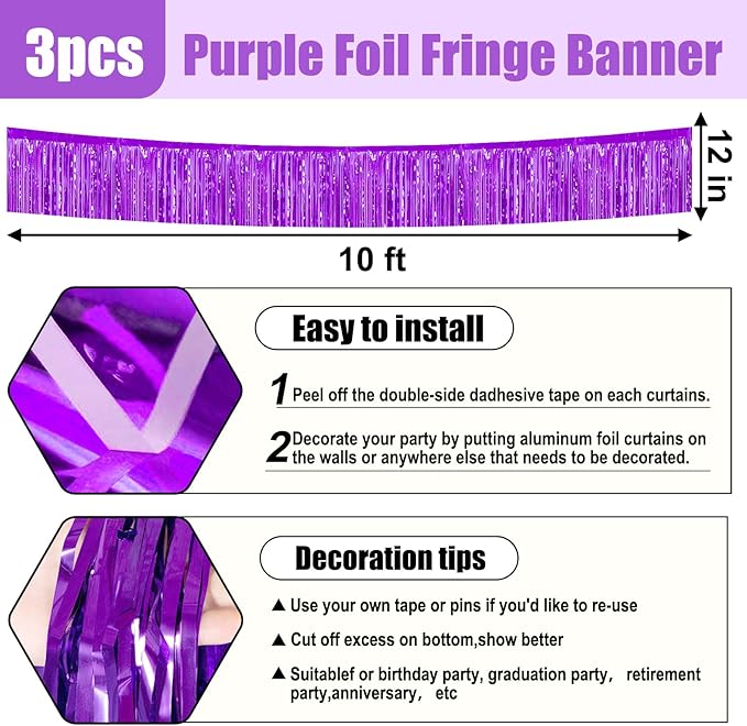 3 Pack 10 Feet Purple Foil Fringe Garland Metallic Tinsel Streamers Banner Wall - Image 2