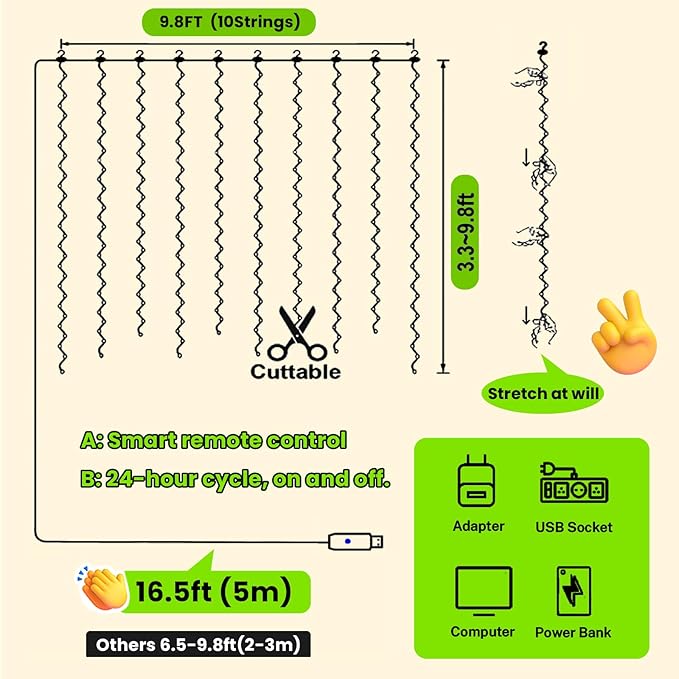 HXWEIYE 300LED Fairy Curtain Lights, 9.8x9.8Ft USB Plug-in 8 Modes Christmas - Image 5