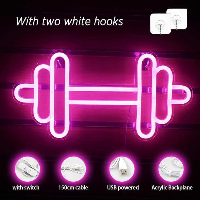 Lucunstar Gym Neon Sign, Barbell Dumbbell Shaped Neon signs Pink Neon Lights - Image 3