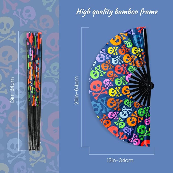 SYNTECSO Folding Hand Fan for Rave, UV Glow Fan, Large Bamboo Fan for Drag Queen - Image 2