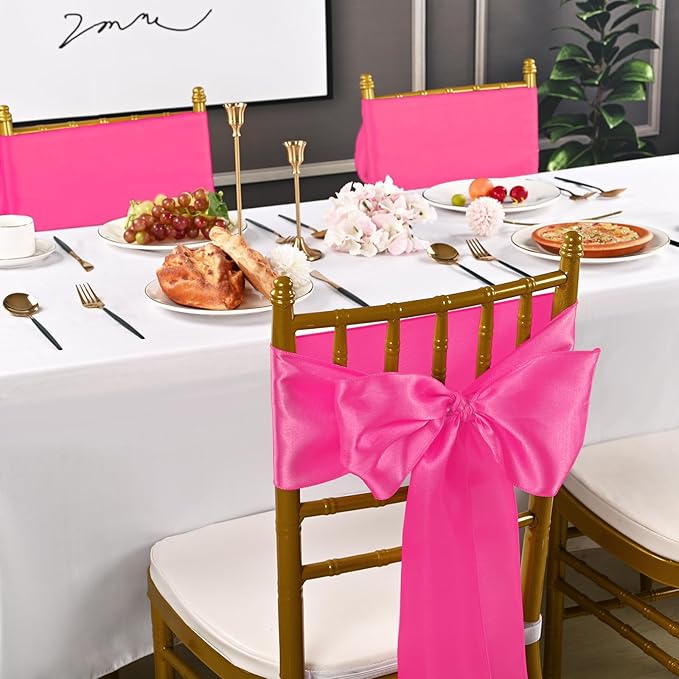 60 PCS Hot Pink Satin Chair Sashes Bows Universal Chair Cover - Image 8
