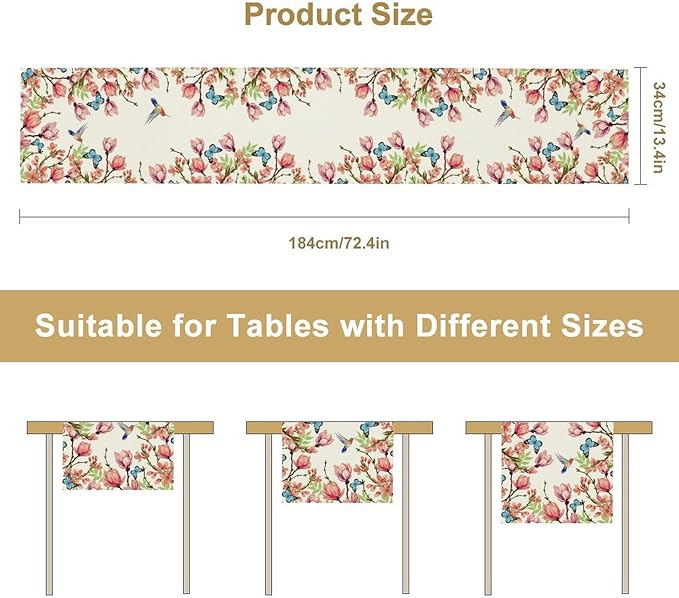 Flowers Table Runner, Floral Bird Butterfly Spring Table Cloth Kitchen Dining - Image 7