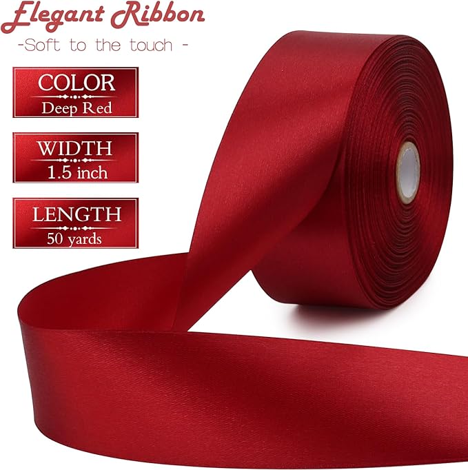 Deep red Solid Satin Ribbon 1-1/2 Inch 50 Yards Solid Polyester Fabric Ribbon - Image 3