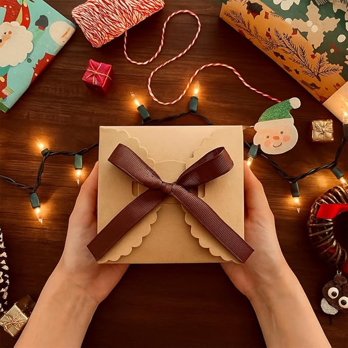 Brown Gift Boxes with Ribbon – 4x4x4" Foldable Paper Boxes with Lids, - Image 5