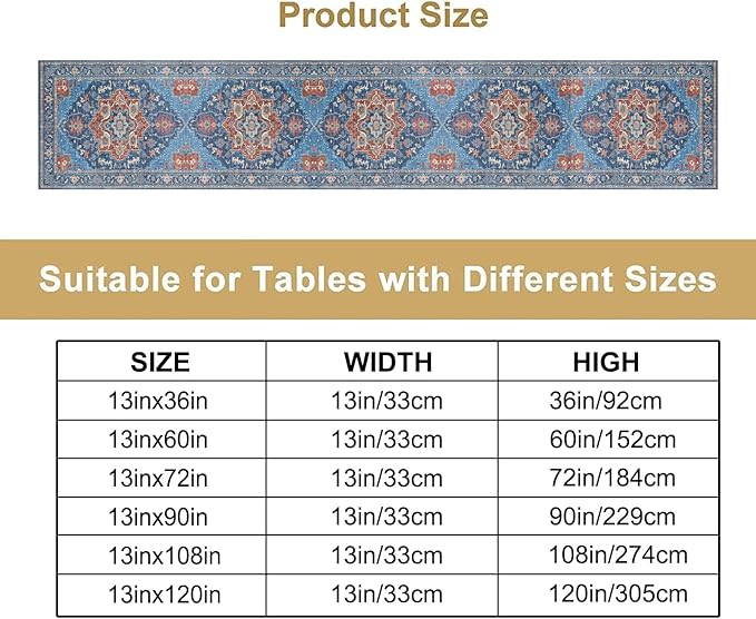 Boho Floral Vintage Table Runner, Retro Abstract Blue Flower Rustic Country - Image 2