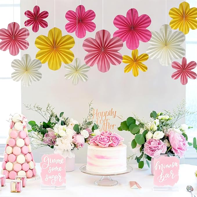 BestoFun 12 PCS Paper Flowers Fans Pink and Yellow Party Decorations Paper - Image 4