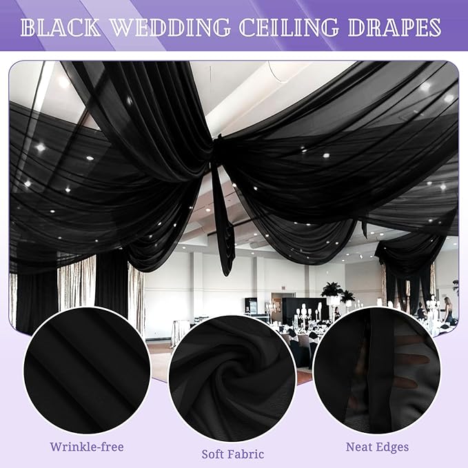 8 Panels Black Ceiling Drapes for Wedding 5ftx20ft Sheer Drapery Chiffon Fabric - Image 3