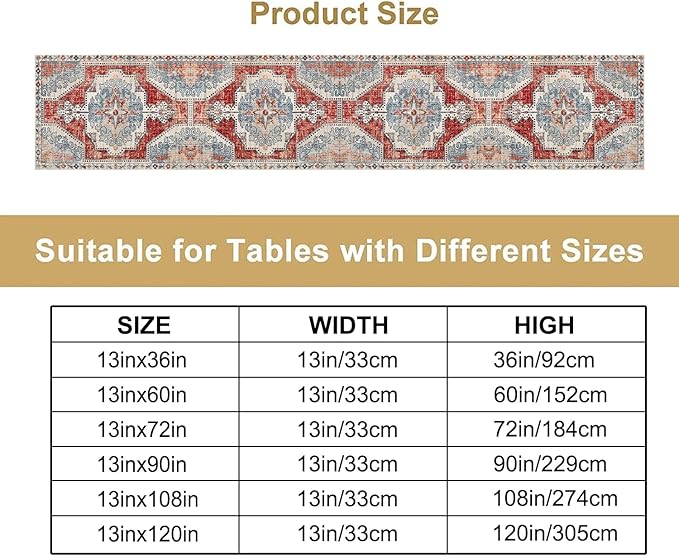 Boho Floral Vintage Table Runner, Retro Blue Red Flower Rustic Country - Image 2