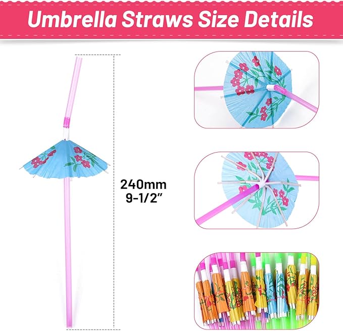 Paxcoo 50pc Umbrella Straws for Cocktails, Tropical Hawaiian Luau Party - Image 4