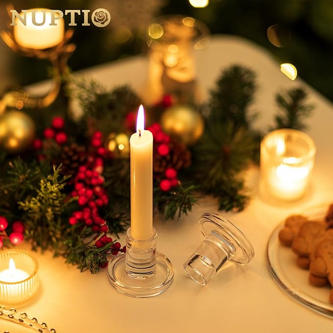 NUPTIO Glass Taper Candle Holders: Set of 2 Clear Small Candlestick Tapered - Image 2