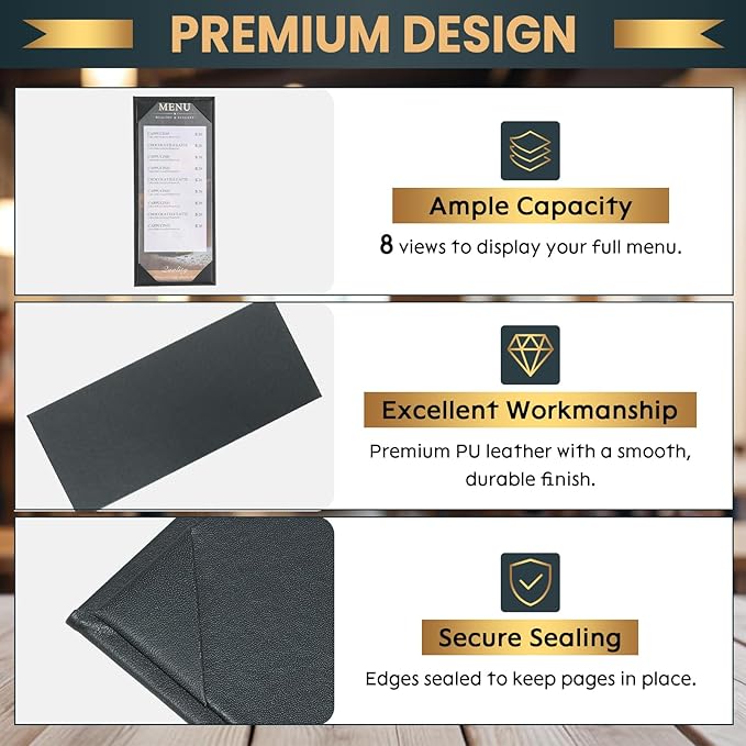 12 Pack 1 View Menu Holder Menu Covers 4.25" x 11" | Black Leather Menu Sleeves - Image 4
