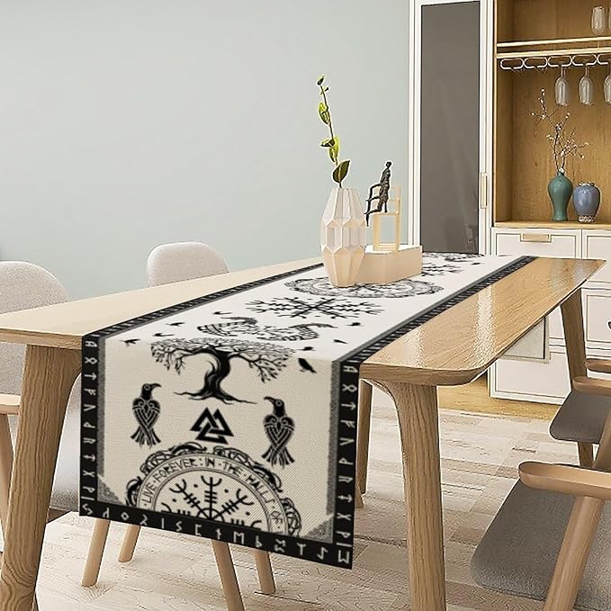 Ancient Abstract Pattern Table Runner, Tree of Life Eagle Dragon Boat Rudder - Image 7