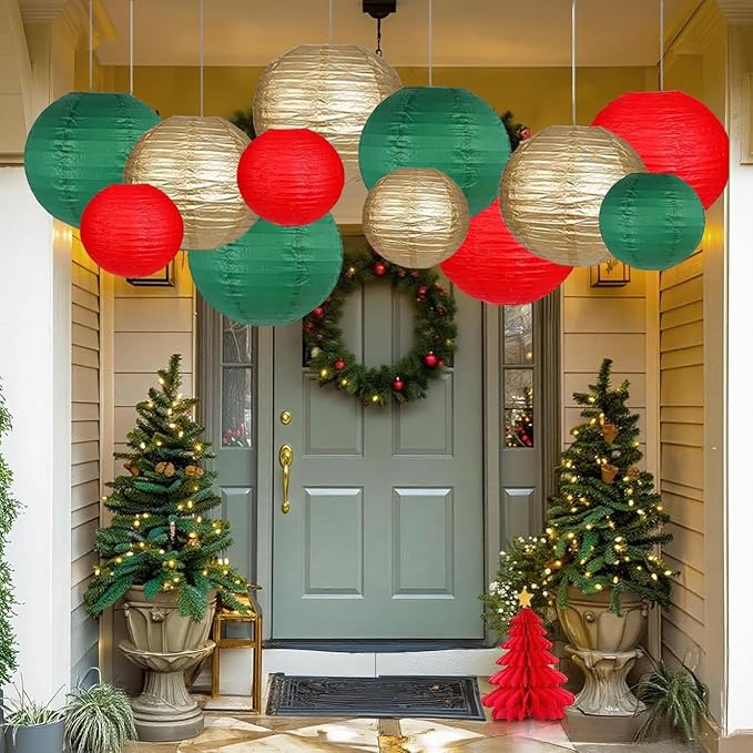 Green Red Paper Lanterns Decorative 12pcs Christmas Hanging Decorations - Image 8