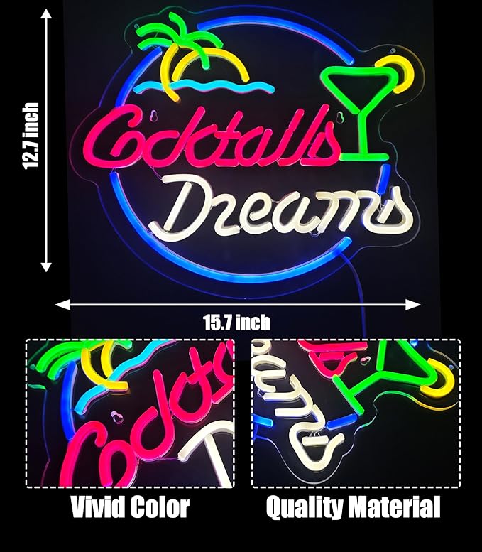 Cocktails Dreams Neon Sign Led Wall Decor Man Cave Neon Light Up Signs Wall Art - Image 3
