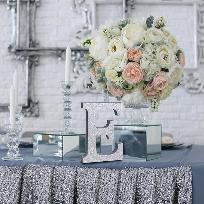 TONIFUL 8 Inch Silver Glitter Letter E Table Centerpiece A-Z Silver Birthday - Image 6