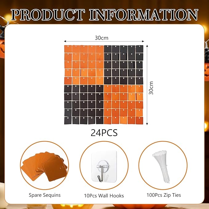 24PCS Black Orange Shimmer Wall Backdrop, Halloween Square Sequin Photo - Image 2