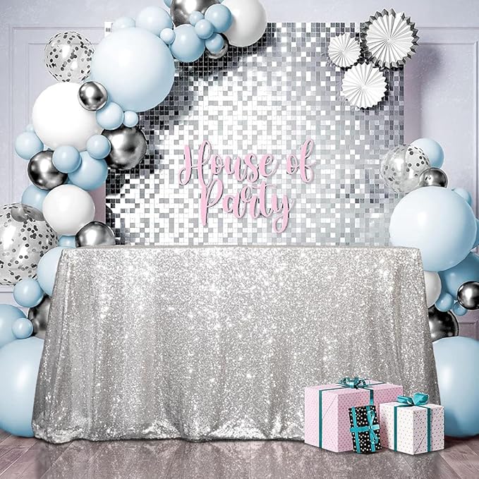 SquarePie Sequin Tablecloth 50 x 72 Inch Silver Sparkly Table Cloth - Image 2