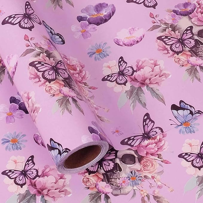 Aimyoo Gothic Wrapping Paper Roll, 17 Inch X 33 Feet Skull Floral Butterfly by Aimyoo