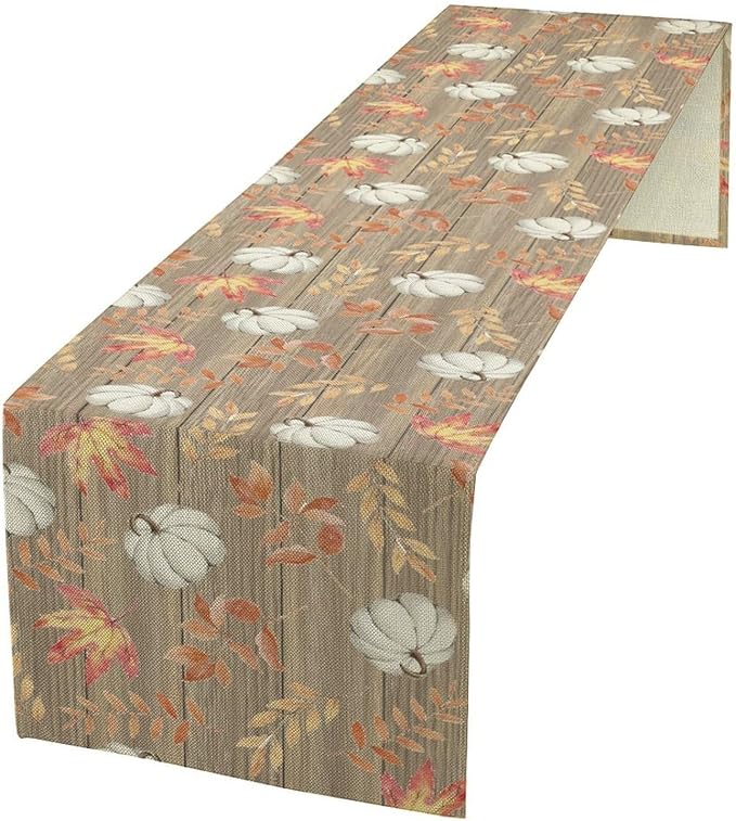 Autumn Table Runner, Pumpkins Maple Leaves Wood Fall r Seasonal Table Runner by Unknown
