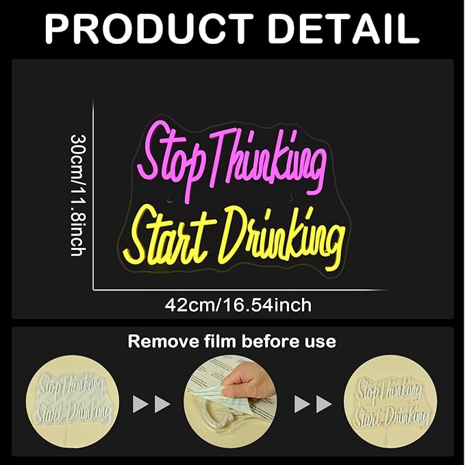 Wanxing LED Neon Sign for Wall Decor, Stop Thinking Start Drinking Neon Light - Image 2