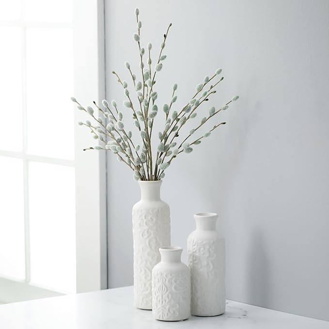 Sullivans Small White Embossed Ceramic Vase Set of 3, Matte Finish, Vases - Image 3