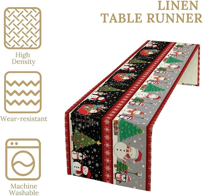 Christmas Table Runner, Cartoon Snowman Tree Xmas Deer Elk Santa Claus Print - Image 2