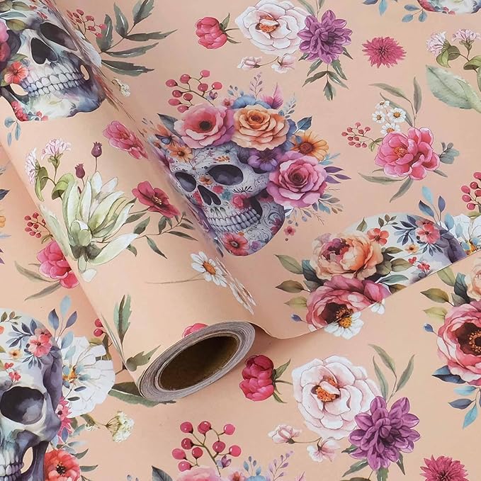 Aimyoo Gothic Wrapping Paper Roll, 17 Inch X 33 Fee Skull Floral Berry Design by Aimyoo