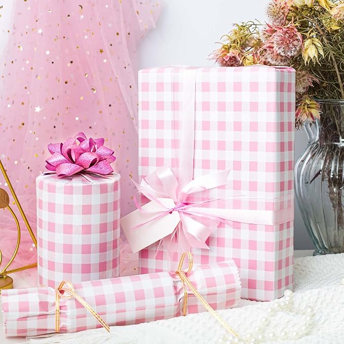 Burymento Pink Checkerboard Wrapping Paper, Gift Wrap - Image 5