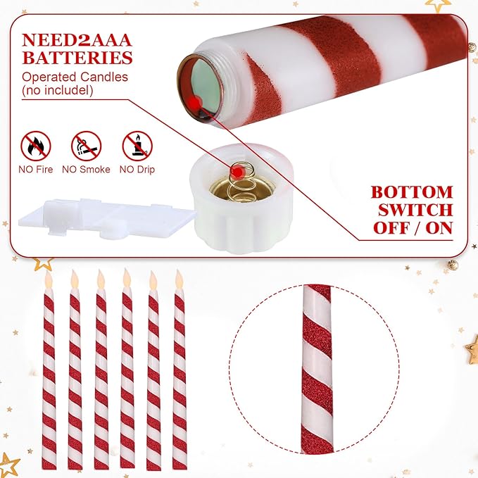 Baquler 6 Pcs Christmas Flameless Taper Candles 10.6 Inch Glitter Candy Cane - Image 4