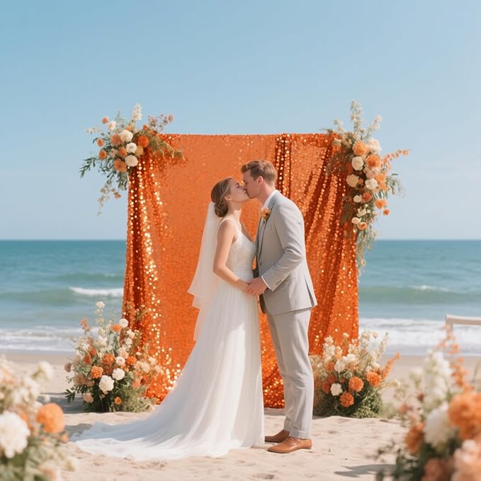 Orange Sequin Backdrop Curtain 2 Pieces 2FTx8FT Glitter Photography Backdrop - Image 2