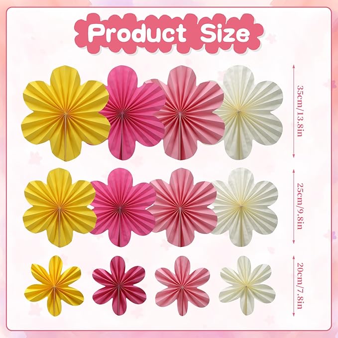 BestoFun 12 PCS Paper Flowers Fans Pink and Yellow Party Decorations Paper - Image 2