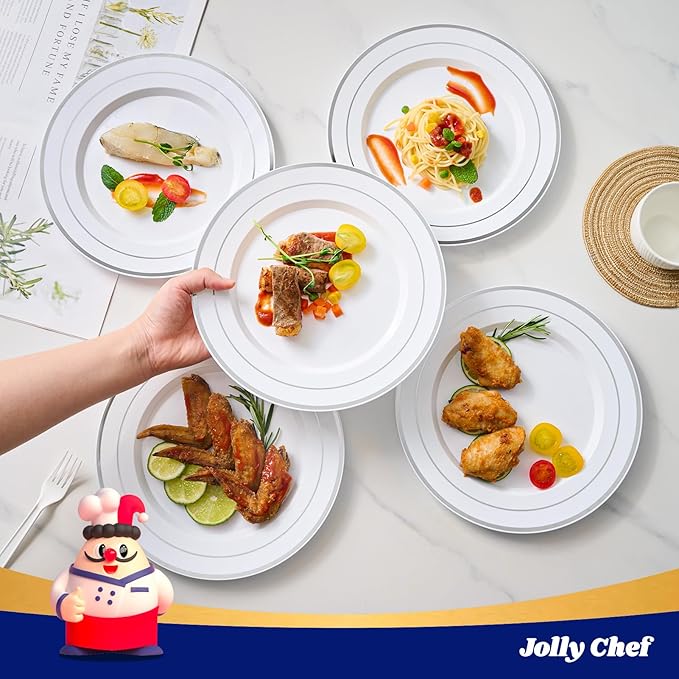 JOLLY CHEF 100 Pieces Silver Plastic Plates, 10 Inch Elegant Disposable White - Image 5