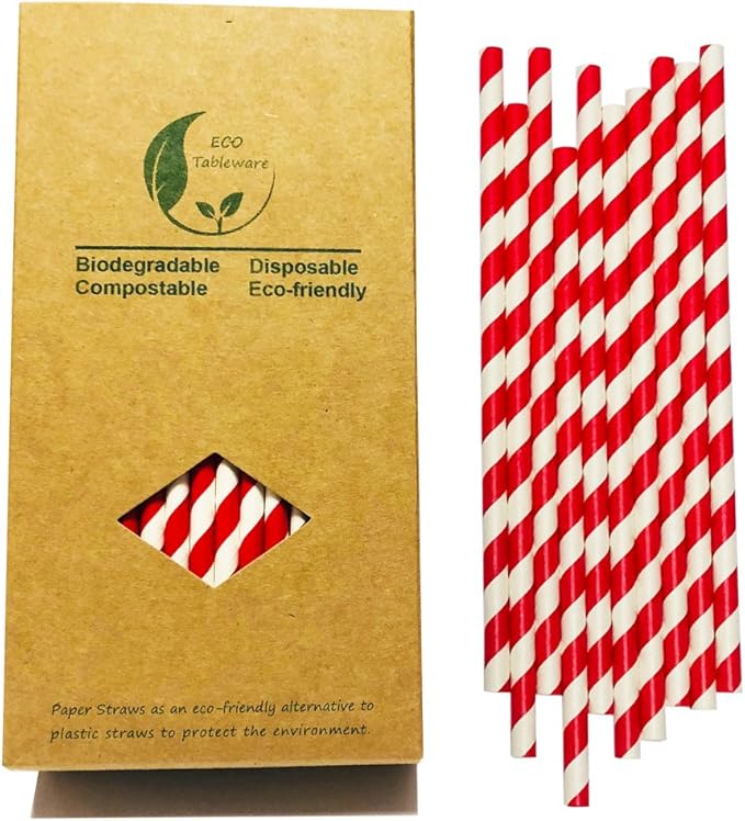 Bright Red And White Stripes Paper Drinking Straws, Biodegradable Food Grade by BOFAEcoTableware
