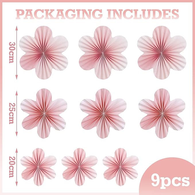 SUNBEAUTY 9 PCS Pink and Cherry Blossom Party Decorations Pink Paper Fans Decor - Image 2